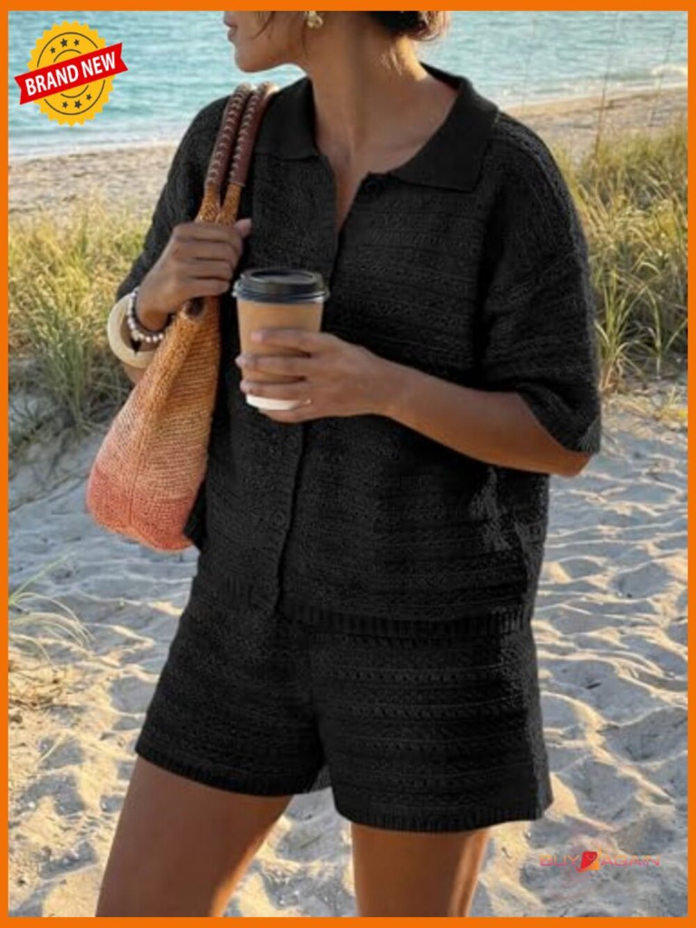 Women's 2 Piece Crochet Beach Cover Up Set Cardigan & Shorts - Picture 4 of 7